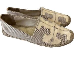 Tory Burch Ines Canvas Espadrille Flat 10 Ivory/Brown Leather T Logo Slip On